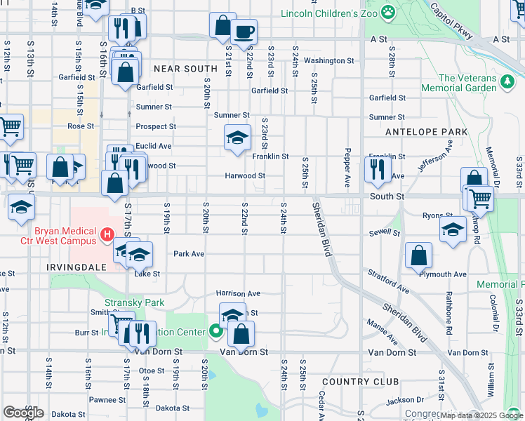 map of restaurants, bars, coffee shops, grocery stores, and more near 2248 Ryons Street in Lincoln