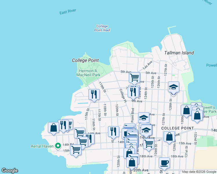 map of restaurants, bars, coffee shops, grocery stores, and more near 6-23 119th Street in Queens
