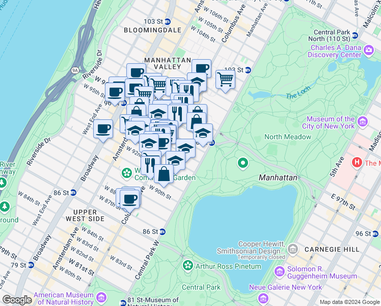 map of restaurants, bars, coffee shops, grocery stores, and more near 31 West 94th Street in New York