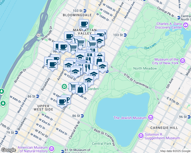 map of restaurants, bars, coffee shops, grocery stores, and more near 31 West 94th Street in New York