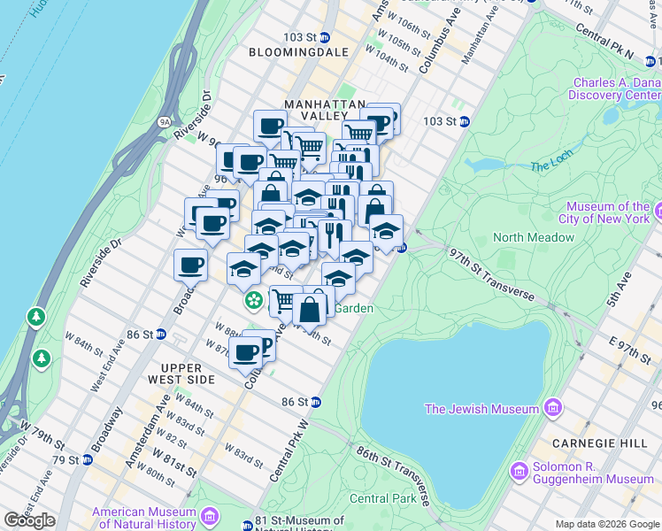 map of restaurants, bars, coffee shops, grocery stores, and more near 66 West 94th Street in New York