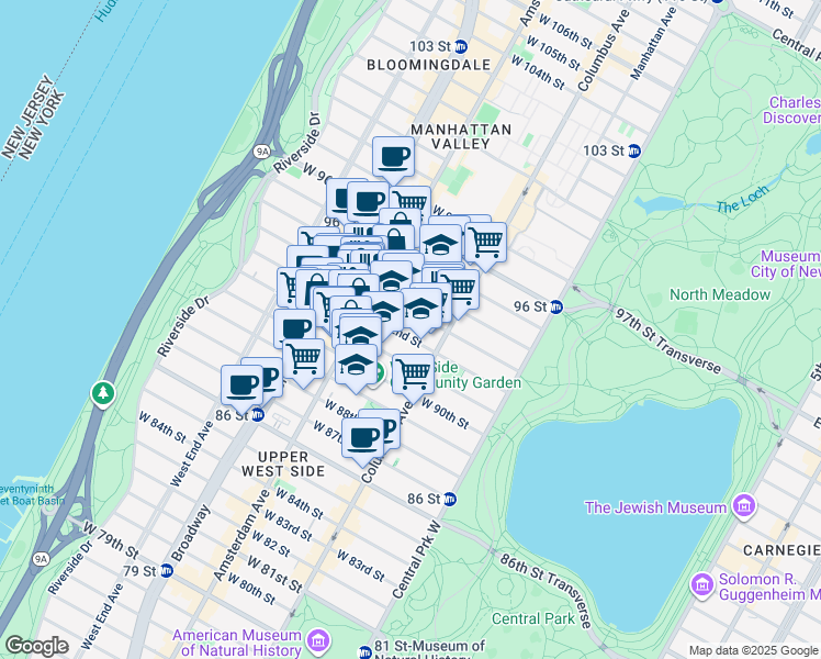 map of restaurants, bars, coffee shops, grocery stores, and more near 140 West 92nd Street in New York