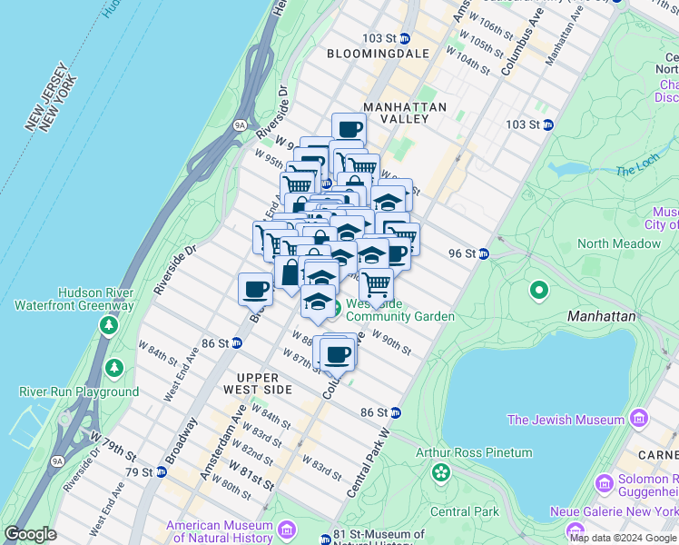 map of restaurants, bars, coffee shops, grocery stores, and more near 140 West 92nd Street in New York