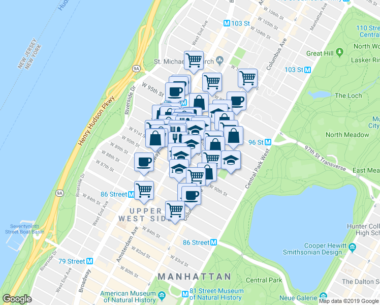 map of restaurants, bars, coffee shops, grocery stores, and more near 140 West 92nd Street in New York