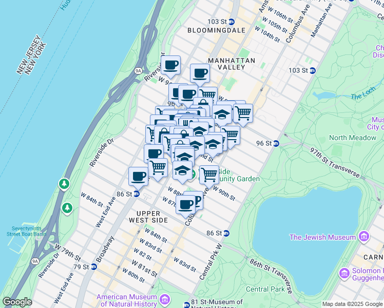 map of restaurants, bars, coffee shops, grocery stores, and more near 140 West 92nd Street in New York