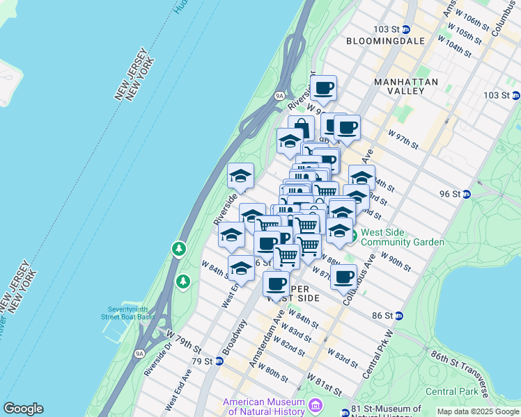 map of restaurants, bars, coffee shops, grocery stores, and more near 304 West 89th Street in New York
