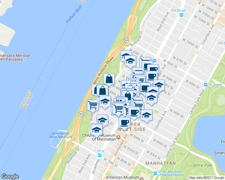 map of restaurants, bars, coffee shops, grocery stores, and more near 341 West 88th Street in New York