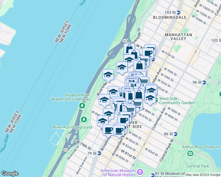 map of restaurants, bars, coffee shops, grocery stores, and more near 341 West 88th Street in New York