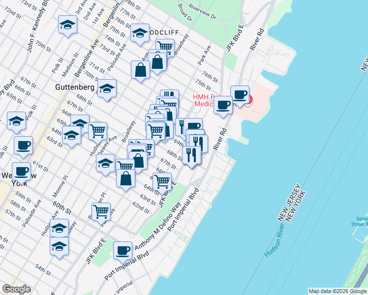 map of restaurants, bars, coffee shops, grocery stores, and more near 6811 Bellevue Avenue in Guttenberg
