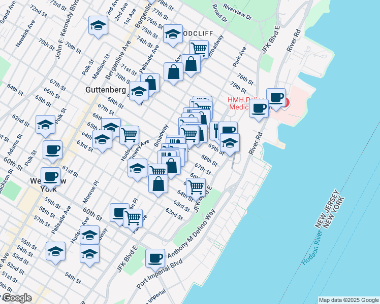 map of restaurants, bars, coffee shops, grocery stores, and more near 85 68th Street in Guttenberg