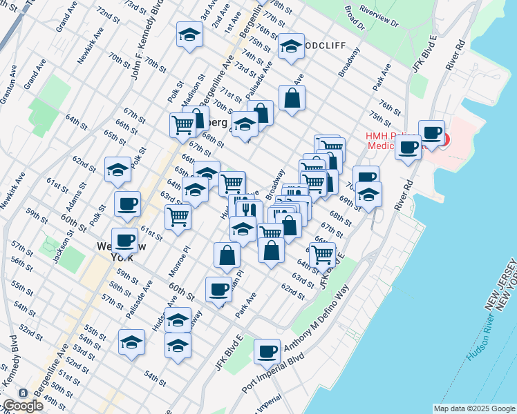 map of restaurants, bars, coffee shops, grocery stores, and more near 6600 Broadway in West New York