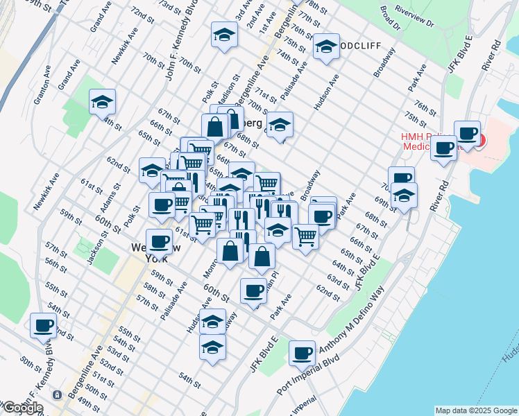 map of restaurants, bars, coffee shops, grocery stores, and more near 308 64th Street in West New York