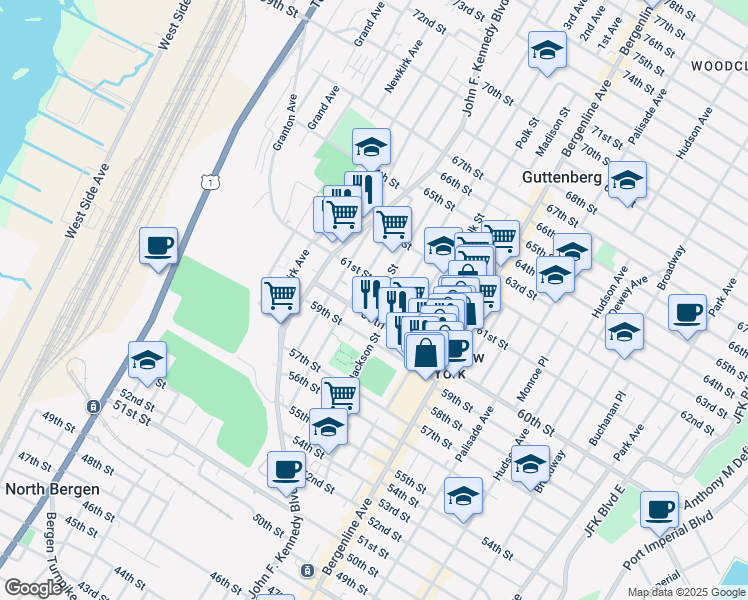 map of restaurants, bars, coffee shops, grocery stores, and more near 6016 Adams Street in West New York