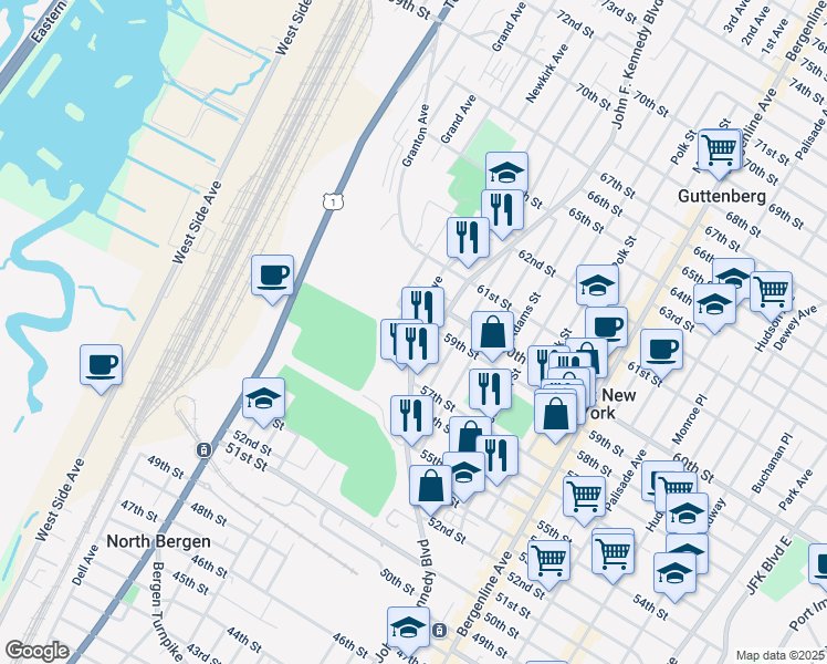 map of restaurants, bars, coffee shops, grocery stores, and more near 5812 Newkirk Avenue in North Bergen