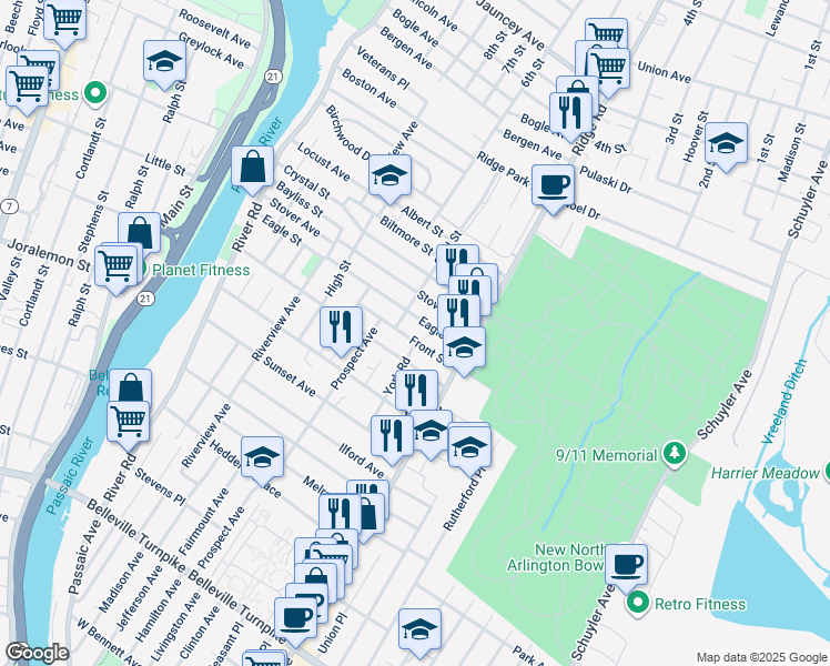 map of restaurants, bars, coffee shops, grocery stores, and more near 55 Arlington Boulevard in North Arlington
