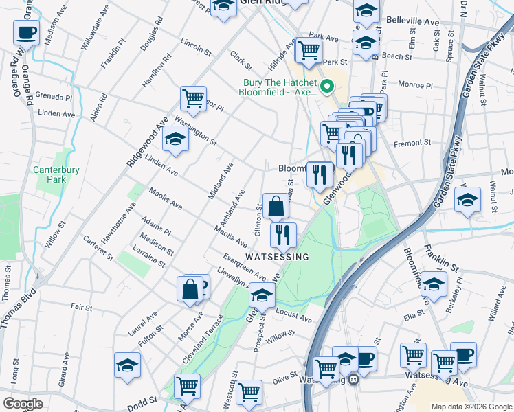 map of restaurants, bars, coffee shops, grocery stores, and more near 87 Linden Avenue in Bloomfield