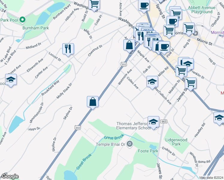 map of restaurants, bars, coffee shops, grocery stores, and more near 68 Mount Kemble Avenue in Morristown