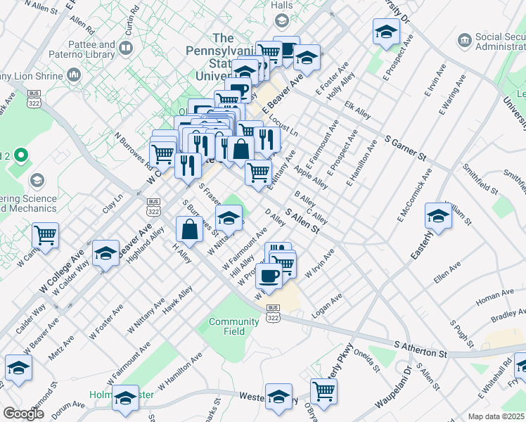 map of restaurants, bars, coffee shops, grocery stores, and more near 118 West Nittany Avenue in State College