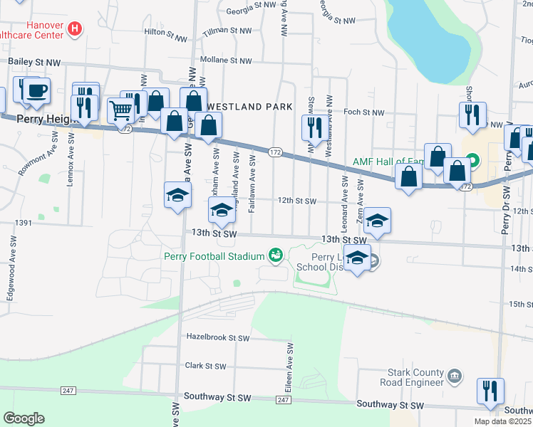 map of restaurants, bars, coffee shops, grocery stores, and more near 323 Harding Avenue Southwest in Massillon