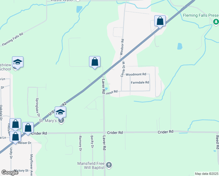 map of restaurants, bars, coffee shops, grocery stores, and more near 1342 Laver Road in Mansfield