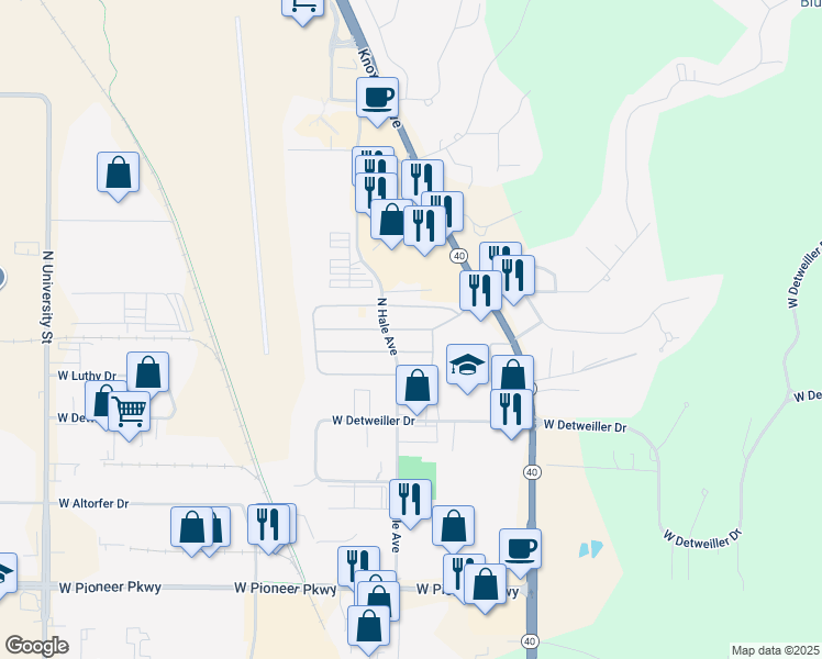 map of restaurants, bars, coffee shops, grocery stores, and more near 900-1098 West Inverness Street in Peoria