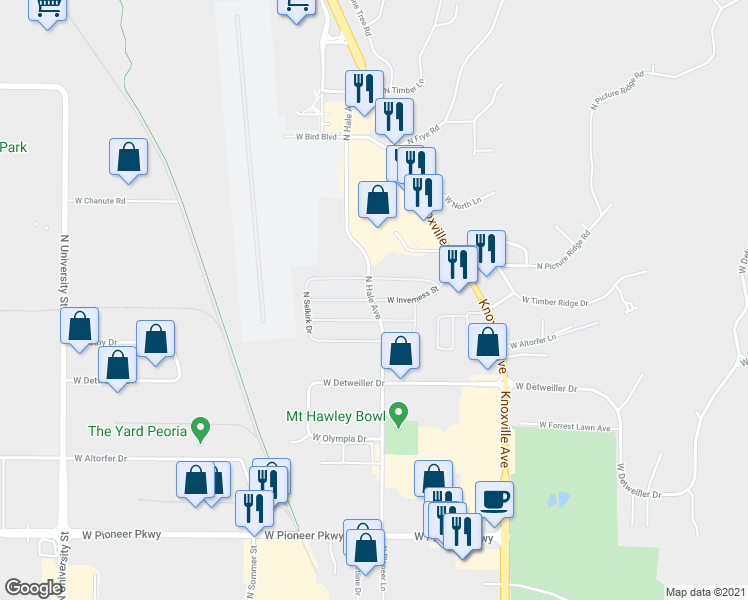 map of restaurants, bars, coffee shops, grocery stores, and more near 1100-1208 West Inverness Street in Peoria
