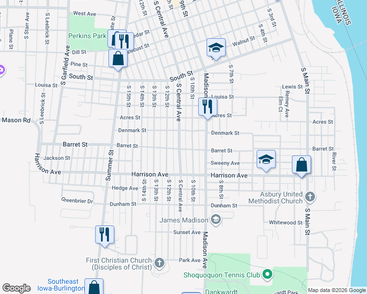 map of restaurants, bars, coffee shops, grocery stores, and more near 1621 South Central Avenue in Burlington