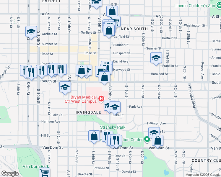 map of restaurants, bars, coffee shops, grocery stores, and more near 1730 Ryons Street in Lincoln