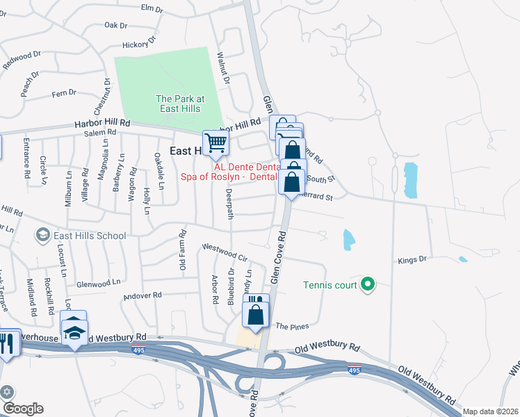 map of restaurants, bars, coffee shops, grocery stores, and more near 25 Thornwood Lane in Roslyn Heights