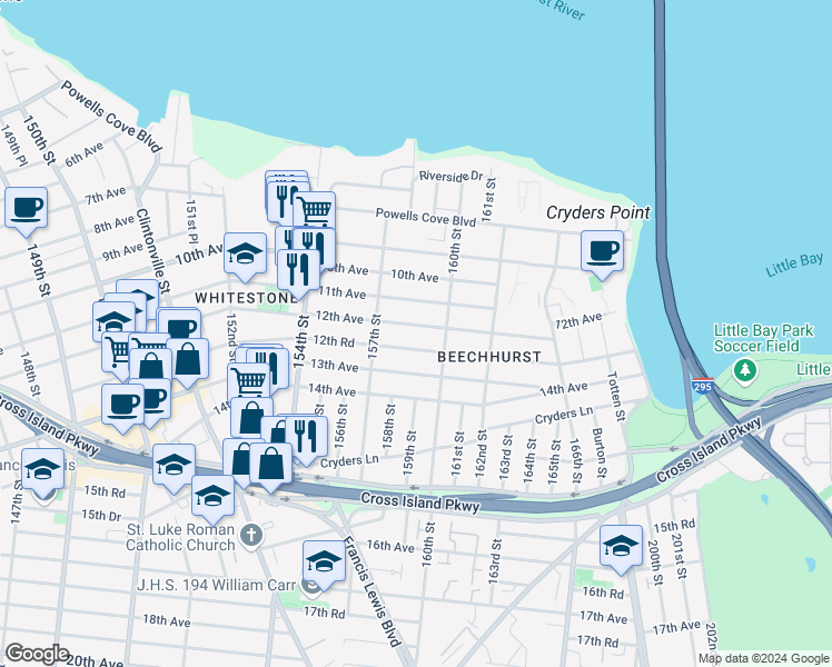 map of restaurants, bars, coffee shops, grocery stores, and more near 157-40 12th Avenue in Queens
