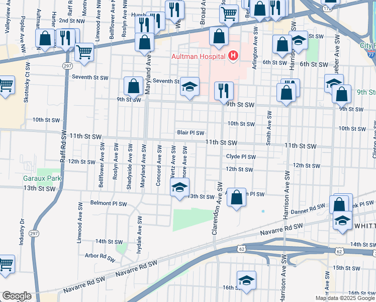 map of restaurants, bars, coffee shops, grocery stores, and more near 1121 Homewood Avenue Southwest in Canton