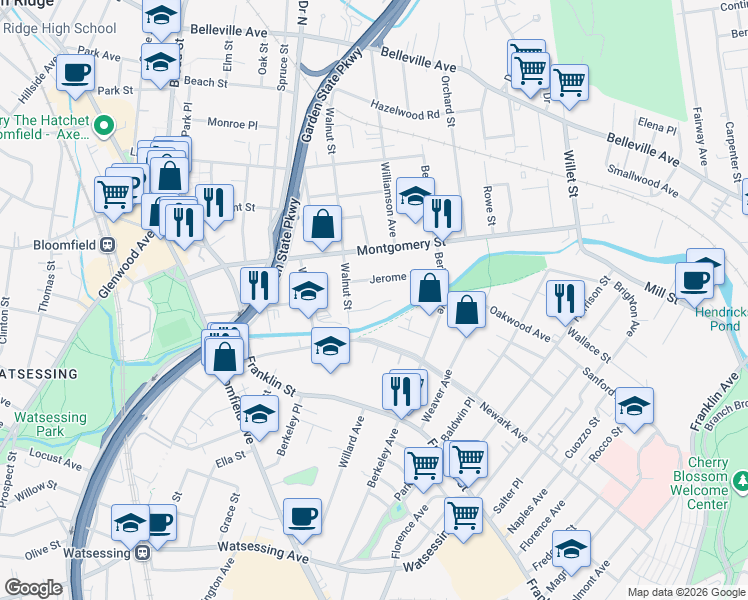 map of restaurants, bars, coffee shops, grocery stores, and more near 27 Pine Street in Bloomfield