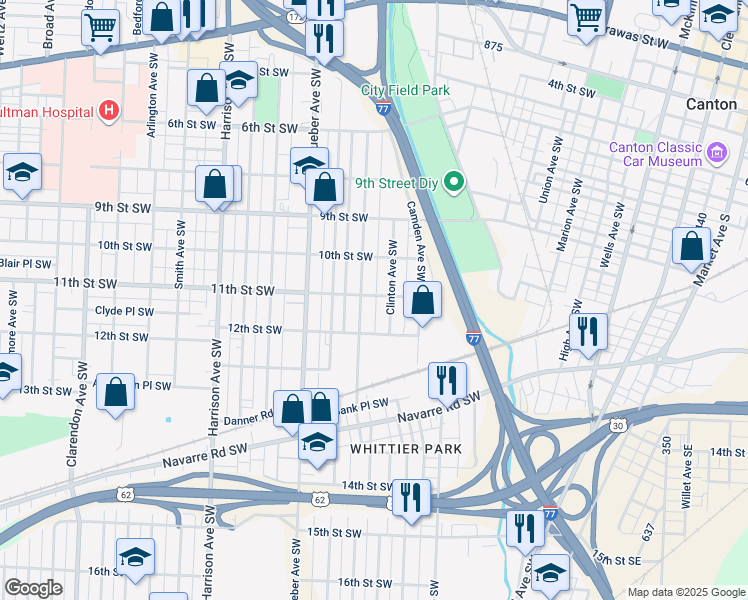 map of restaurants, bars, coffee shops, grocery stores, and more near 1626 11th Street Southwest in Canton