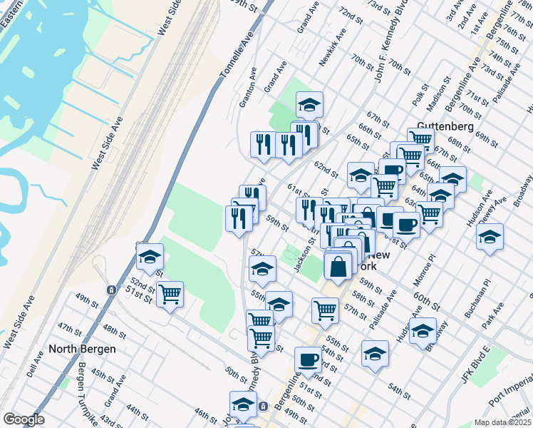 map of restaurants, bars, coffee shops, grocery stores, and more near 5900 John F. Kennedy Boulevard in West New York