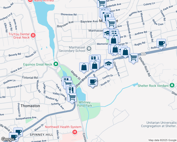 map of restaurants, bars, coffee shops, grocery stores, and more near 1155 Northern Boulevard in Manhasset