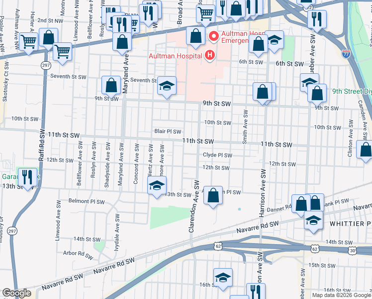 map of restaurants, bars, coffee shops, grocery stores, and more near 1118 Dartmouth Ave SW in Canton