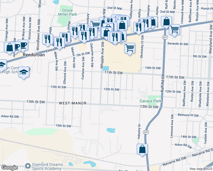 map of restaurants, bars, coffee shops, grocery stores, and more near 1153 Hawthorne Avenue Southwest in Canton