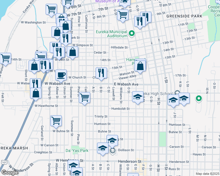 map of restaurants, bars, coffee shops, grocery stores, and more near 1833 C Street in Eureka