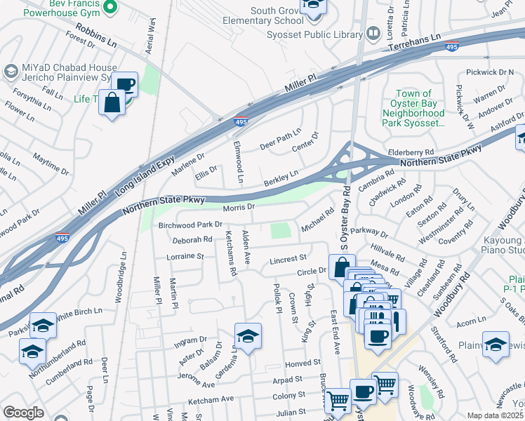 map of restaurants, bars, coffee shops, grocery stores, and more near 37 Morris Drive in Syosset