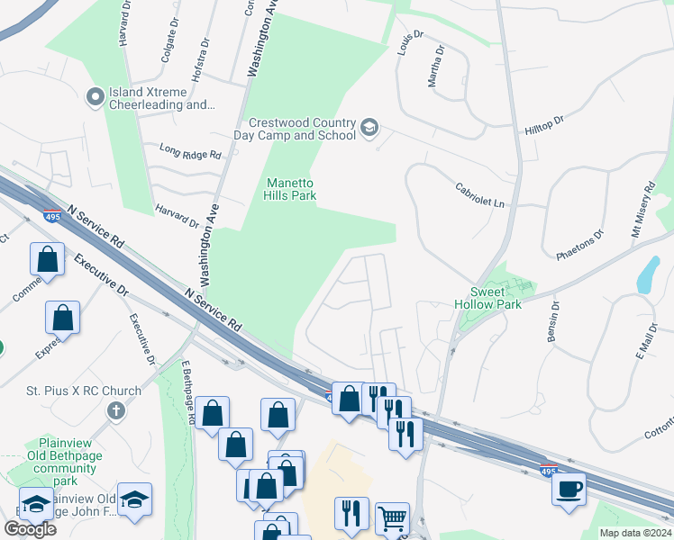 map of restaurants, bars, coffee shops, grocery stores, and more near 132 Sagamore Drive in Plainview
