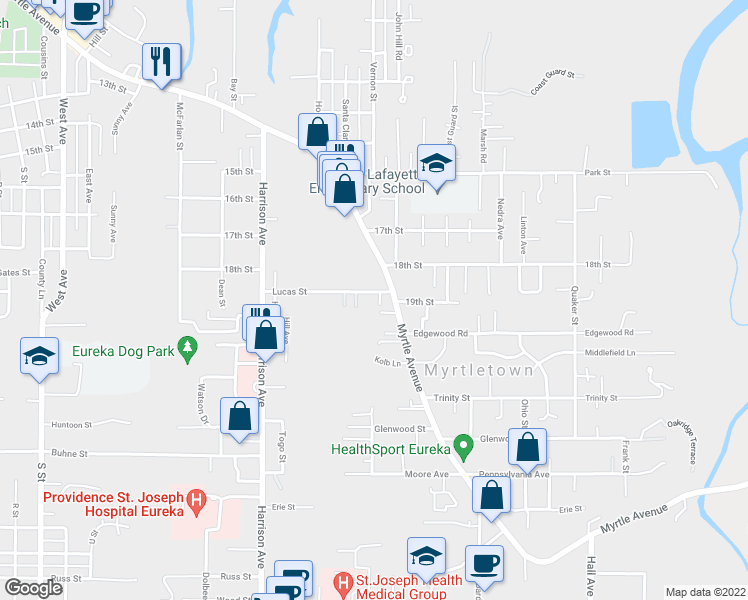 map of restaurants, bars, coffee shops, grocery stores, and more near 2878 Lucas Street in Eureka