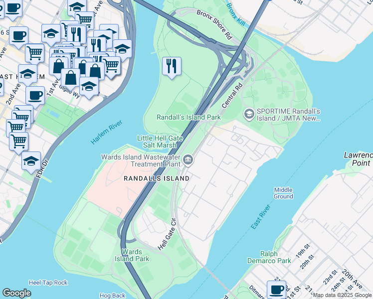 map of restaurants, bars, coffee shops, grocery stores, and more near Central Road in New York