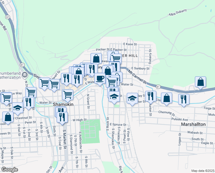 map of restaurants, bars, coffee shops, grocery stores, and more near 415 North Washington Street in Shamokin