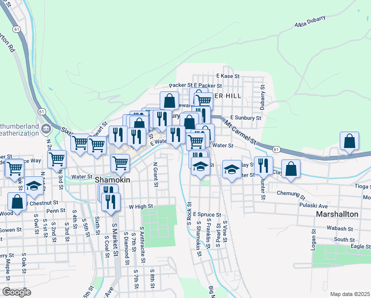 map of restaurants, bars, coffee shops, grocery stores, and more near 415 North Washington Street in Shamokin