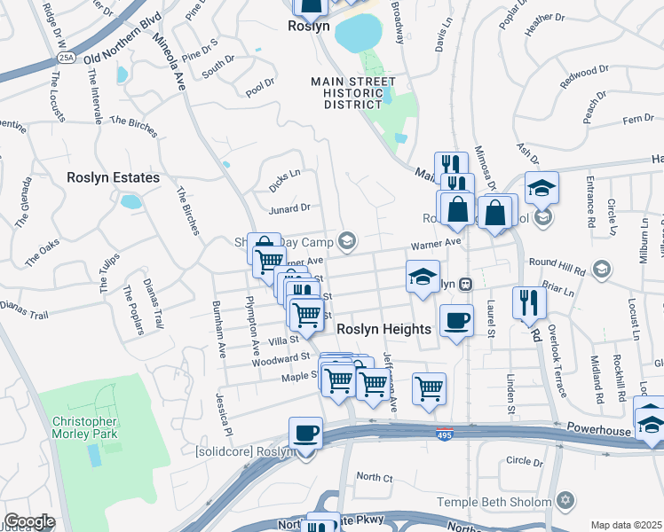 map of restaurants, bars, coffee shops, grocery stores, and more near 142 Warner Avenue in Roslyn Heights