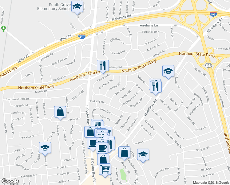 map of restaurants, bars, coffee shops, grocery stores, and more near 18 Eaton Road in Syosset