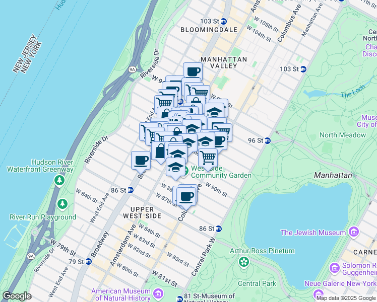 map of restaurants, bars, coffee shops, grocery stores, and more near 150 West 92nd Street in New York