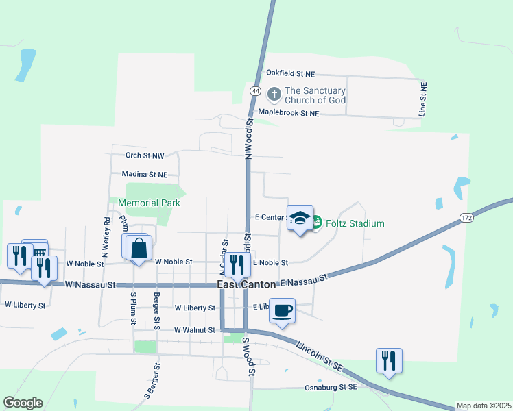 map of restaurants, bars, coffee shops, grocery stores, and more near 414 North Wood Street in East Canton