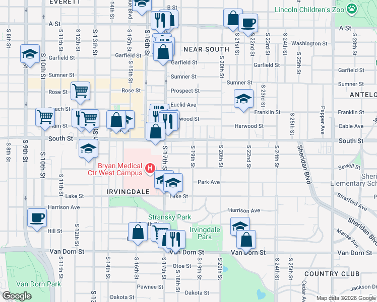 map of restaurants, bars, coffee shops, grocery stores, and more near 1834 Ryons Street in Lincoln