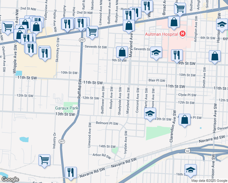 map of restaurants, bars, coffee shops, grocery stores, and more near 1126 Roslyn Ave SW in Canton